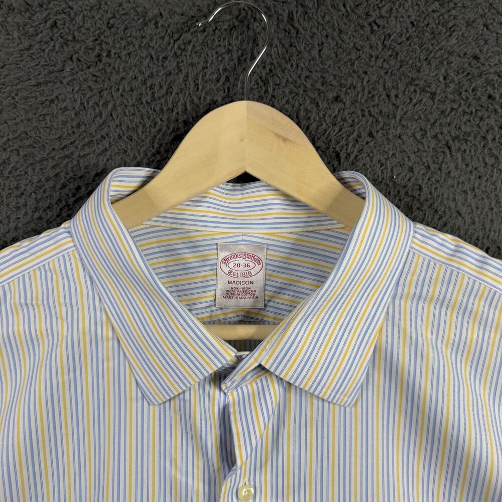 Brooks Brothers Shirt Mens 20 36 Blue Yellow Stripe Button Up Long Sleeve Preppy - Picture 3 of 10